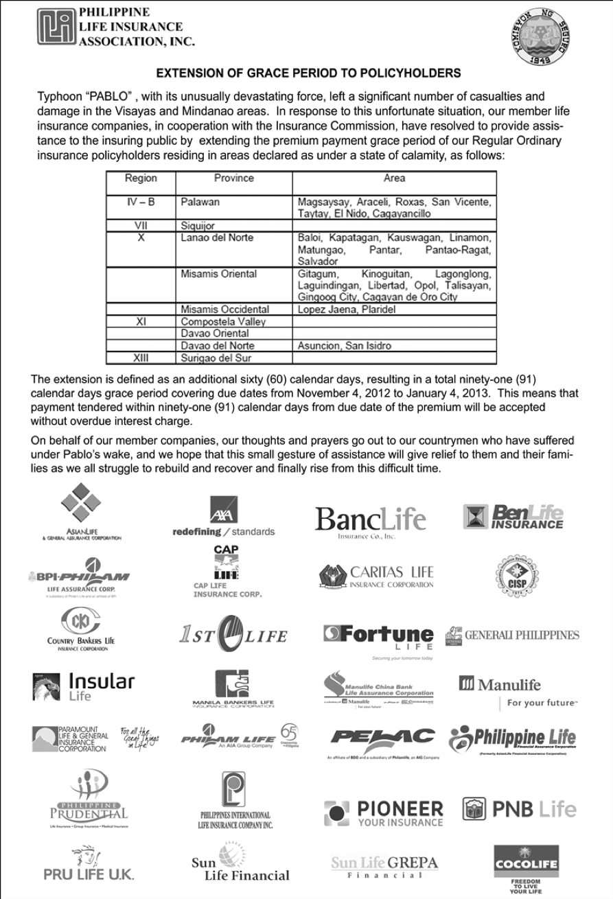 PLIA EXTENDS GRACE PERIOD TO POLICYHOLDERS DUE TO TYPHOON “PABLO”