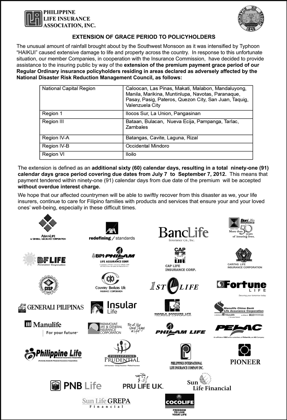 PLIA EXTENDS GRACE PERIOD TO POLICYHOLDERS DUE TO STRONG  SOUTHWEST MONSOON INDUCED BY TYPHOON “HAIKU”
